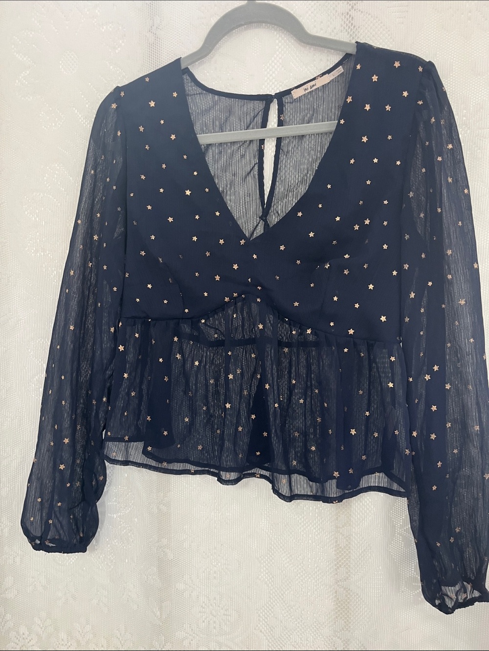 mi Ami Navy Sheer Star-Print V-Neck Peplum Peasant top L